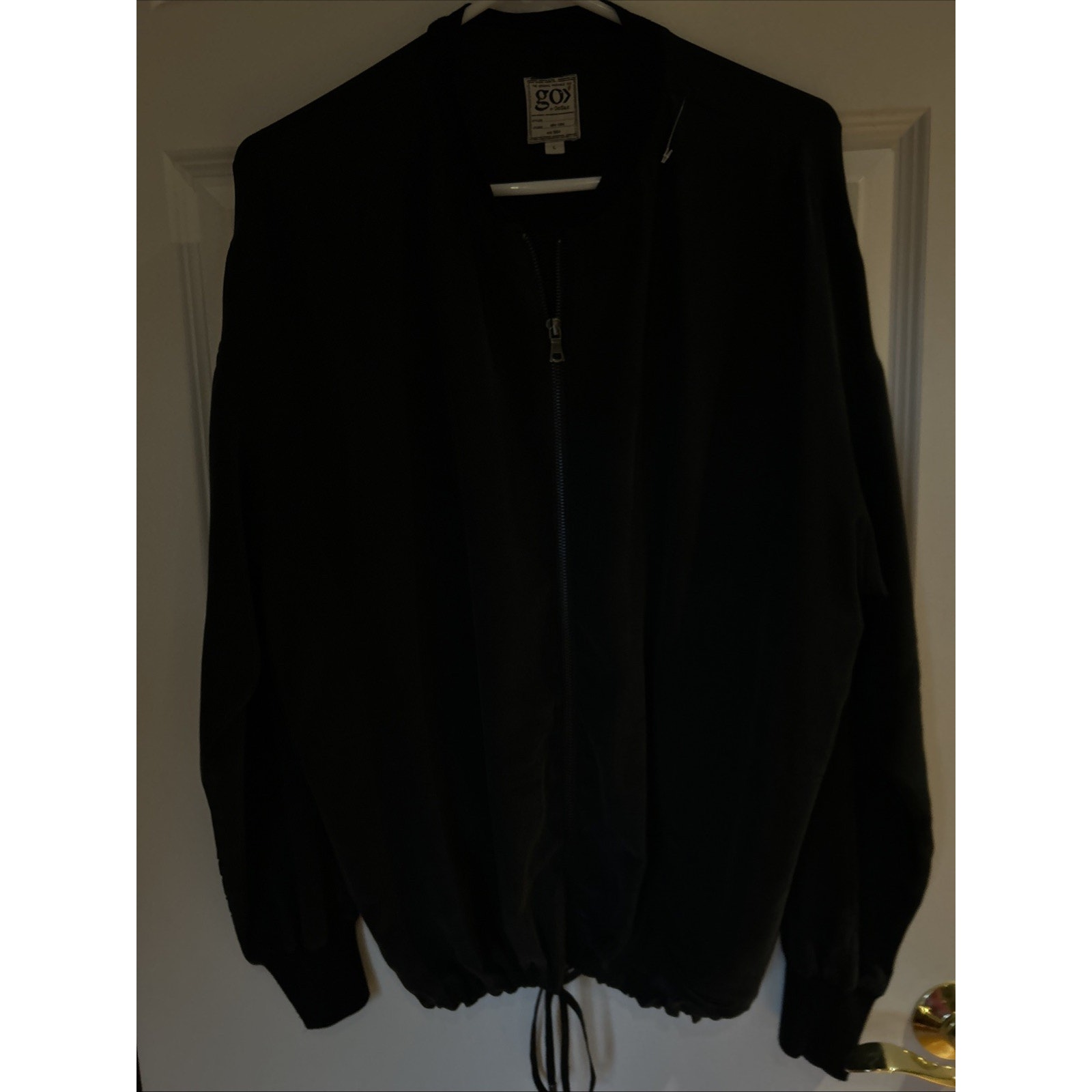 Go By Gosilk Womens Silk Full Zipper Bomber Jacket Frawstring Black Sz L Euc